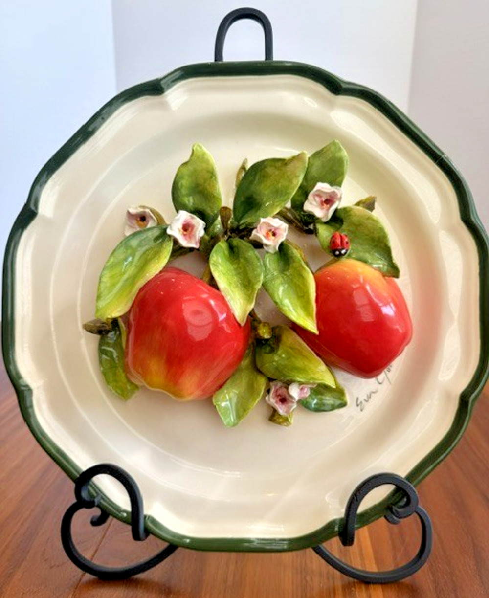 Eva Gordon-Signed Apples Lady Bug 11.5" Ceramic Plate 3D Relief White Green